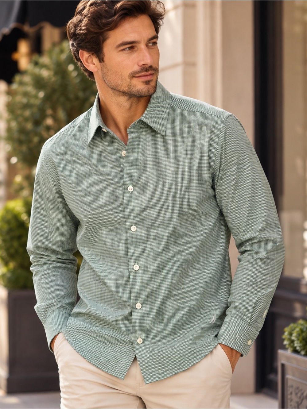 Nautica NAVTECH Men’s S Green Gingham Stretch Performance Shirt